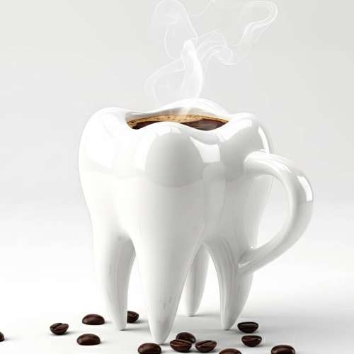 Taza de café junto a una sonrisa saludable