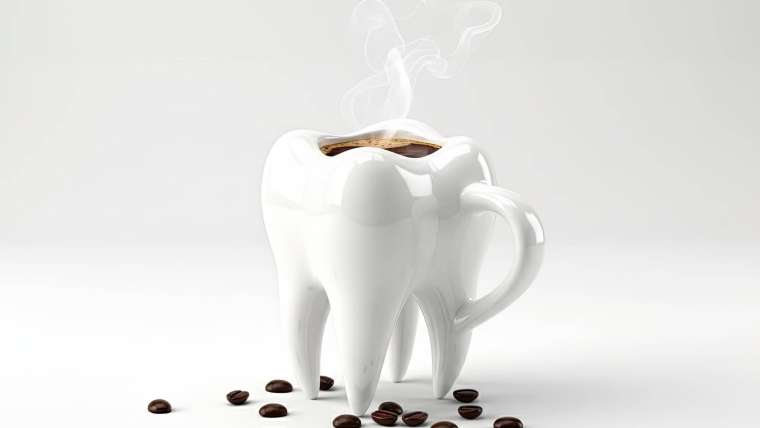 Taza de café junto a una sonrisa saludable