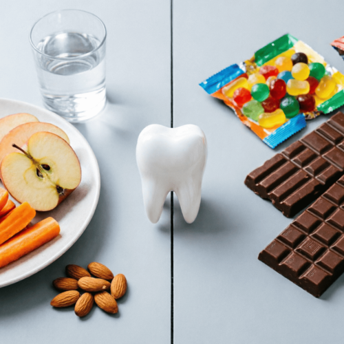 Alimentos saludables y alimentos con alto contenido de azúcar para la salud oral.