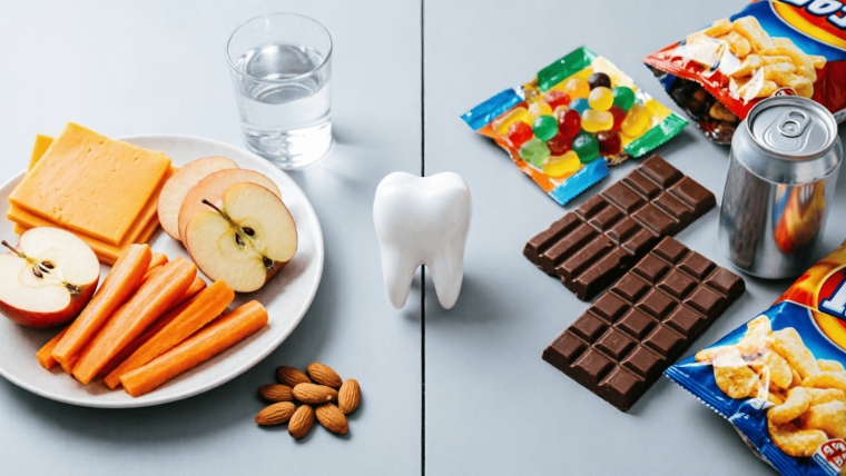 Alimentos saludables y alimentos con alto contenido de azúcar para la salud oral.